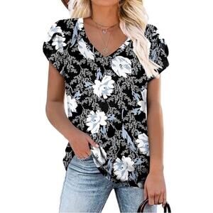 Cathy Floral V-Neck Short Sleeve Top 2X Black Blue Stretchy Lightweight Tee